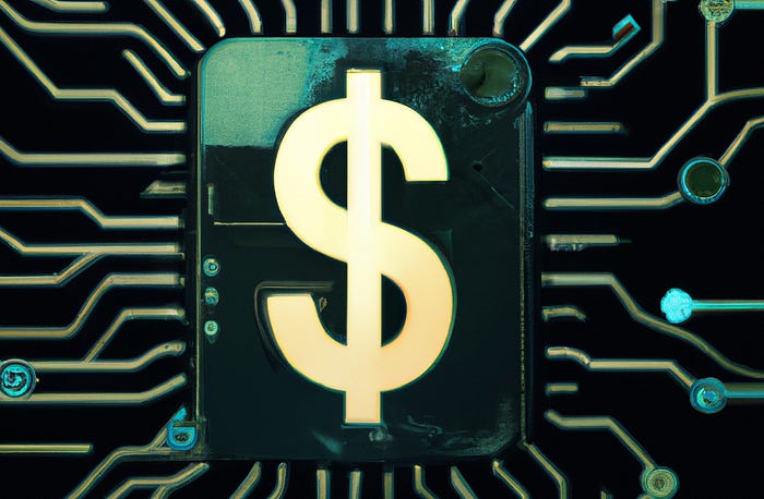 Digital art of a circuit board with a dollar sign on the chip.