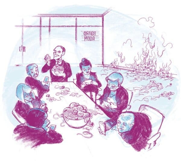 An illustration showing bored-looking people sitting around a table in a conference room with spaghetti flung against the wall.