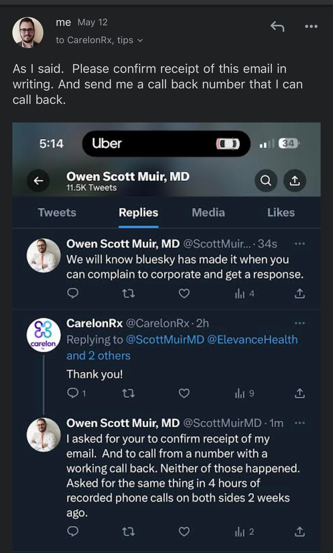 Dr. Owen Muir's Screenshot of a subsequent email on the 12th of May 2023 in which I sent the picture of my tweets to Compliance at Carelon