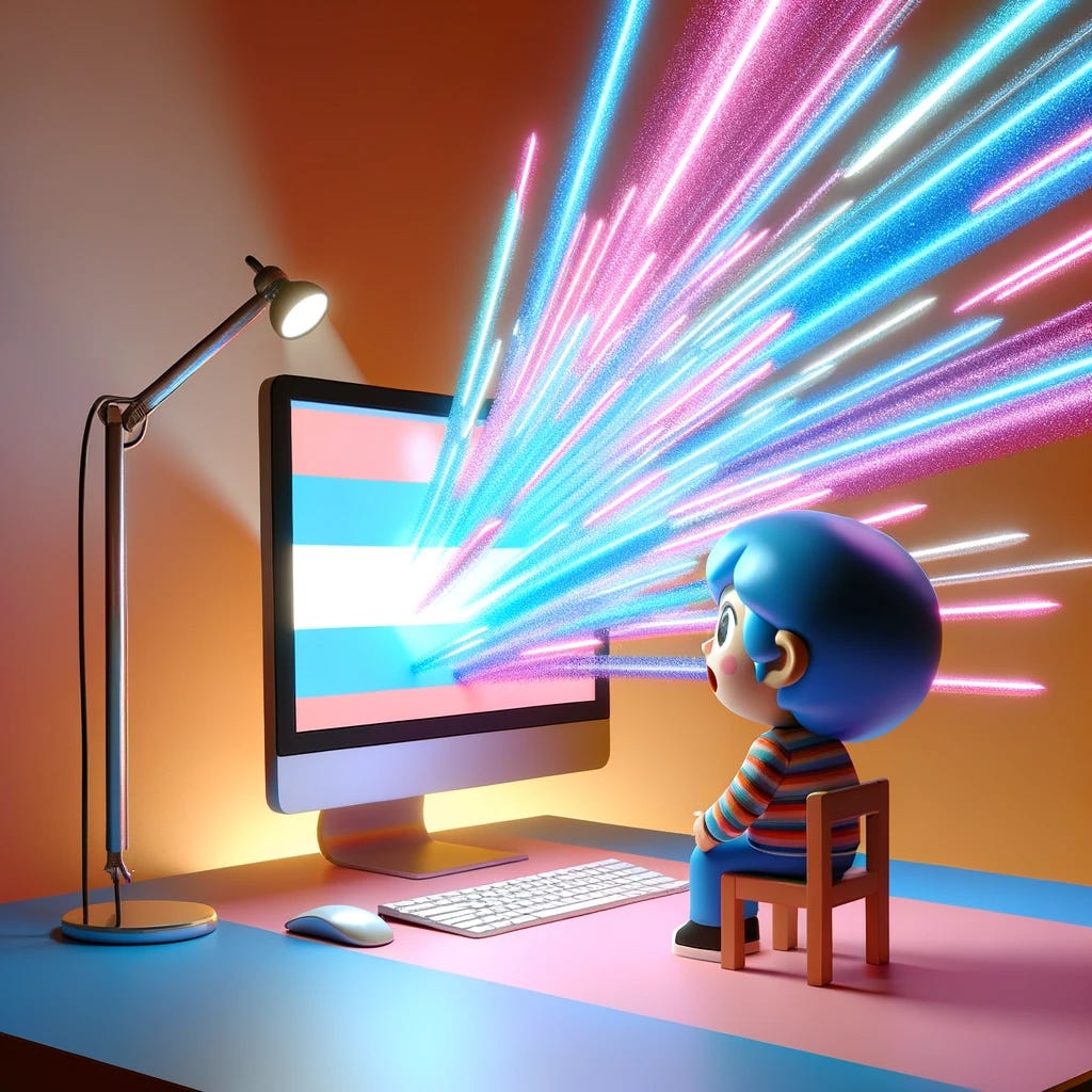 In the image, there's a computer placed on a desk, its screen glowing brightly. From the screen, beams of light in the colors of the transgender flag—light blue, pink, and white—are dynamically projecting outward. These colorful beams are directly illuminating the face of a cartoon child who stands in front of the computer. The child, depicted in a playful and colorful cartoon style, appears awestruck and filled with wonder, gazing at the vibrant lights. Their expression conveys amazement and joy. The background of the artwork is neutral, emphasizing the interaction between the child and the strikingly colorful light beams. The overall scene combines elements of technology, vibrant color, and childlike wonder. Generated by DALL-E 3 via ChatGPT.