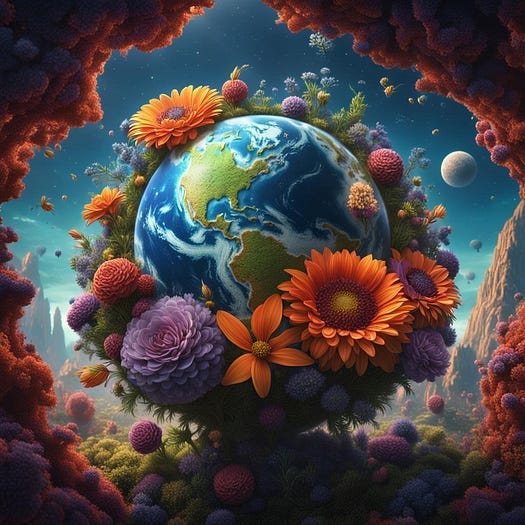 Large flowers surround the Earth