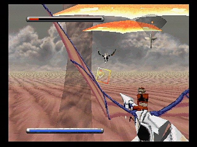 A screenshot from the second level boss fight of Panzer Dragoon, against the black dragon. An enormous dust devil has kicked up in front of you, and must be avoided. The horizon stretches out seemingly forever, with clouds behind it all. 