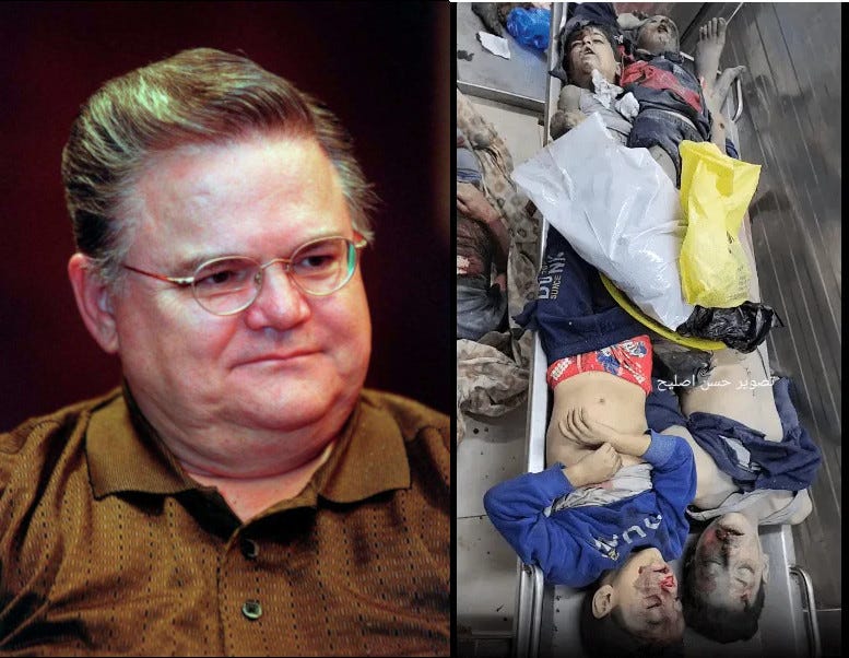 On the left is the vile creature, John Hagee, the actual Anti-Christ, on the right is a stretcher with six dead Palestinian boys on it. 
