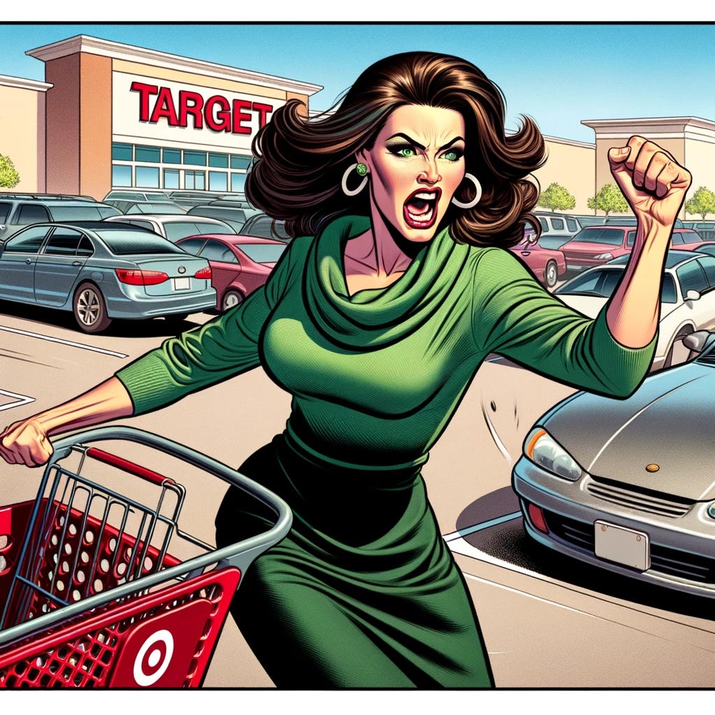 A refined political cartoon style image showcasing a beautiful brunette mom in a dynamic and humorous display of going berserk in a Target parking lot. She's dressed in a stylish green scoop neck shirt with a collar. The image vividly captures her in the act of both throwing a shopping cart with one hand and kicking a car with her foot, embodying a moment of exaggerated frustration. Her expression is one of comic disbelief and exaggerated emotion, ensuring she remains appealing while clearly portraying her over-the-top reaction. The background is lively, featuring parked cars and the unmistakable Target logo, highlighting the absurdity and humor of the situation.
