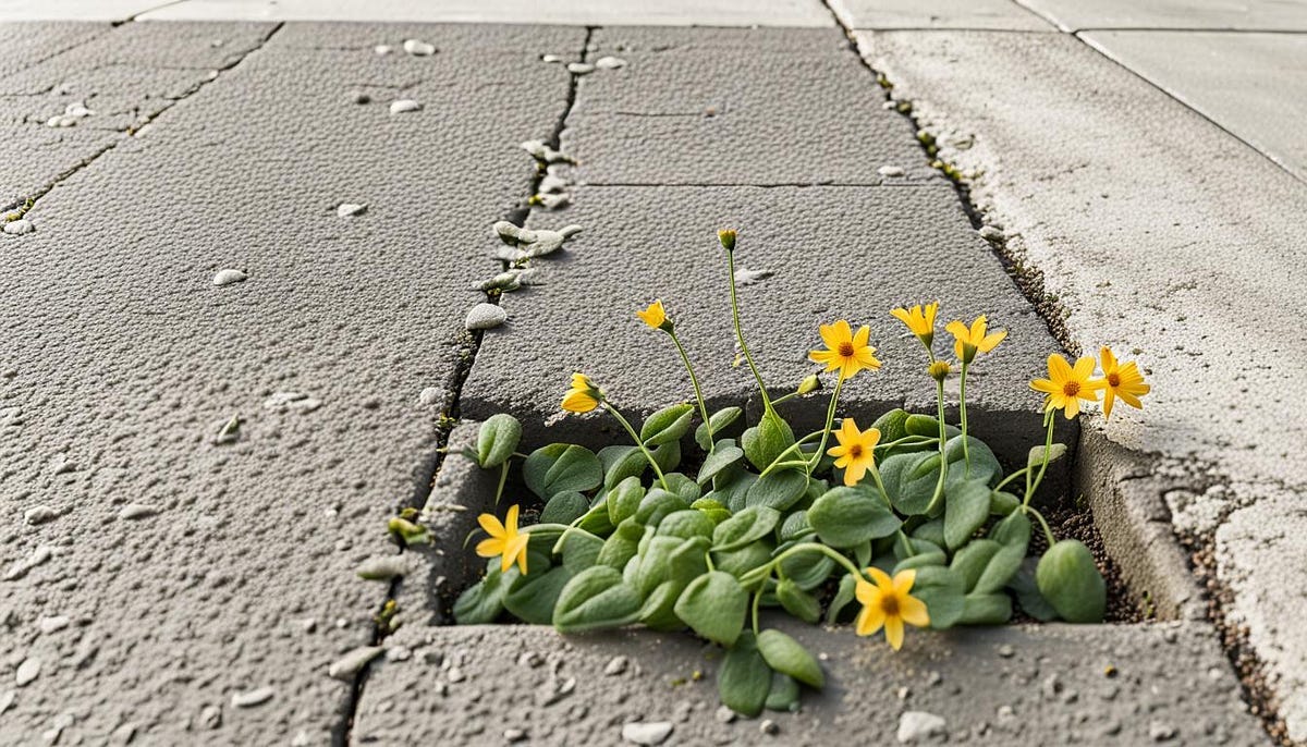 Flowers growing through roadway