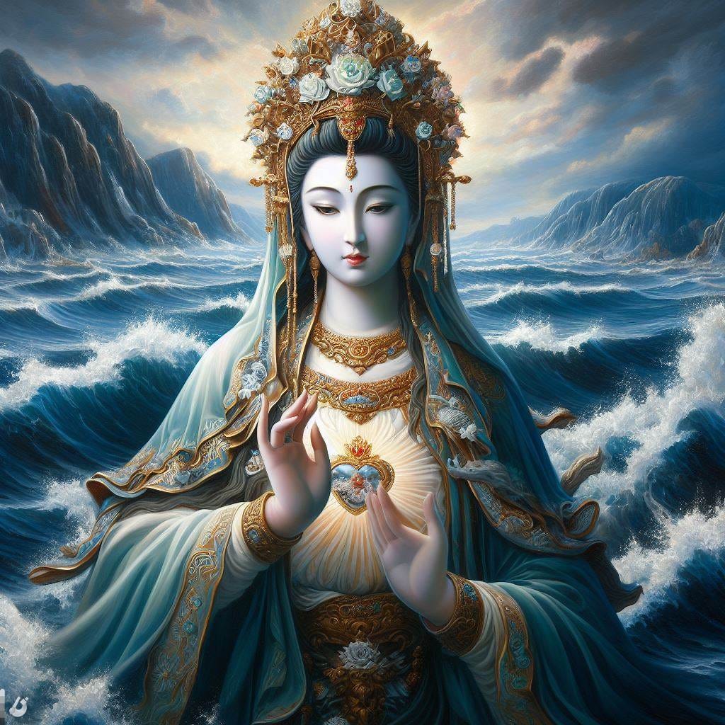 Chinese Guanyin Pusa is the Virgin Mary she is stepping out of the ocean  十 on her heart hands in Chinese benediction sign， high resolution realistic oil painting