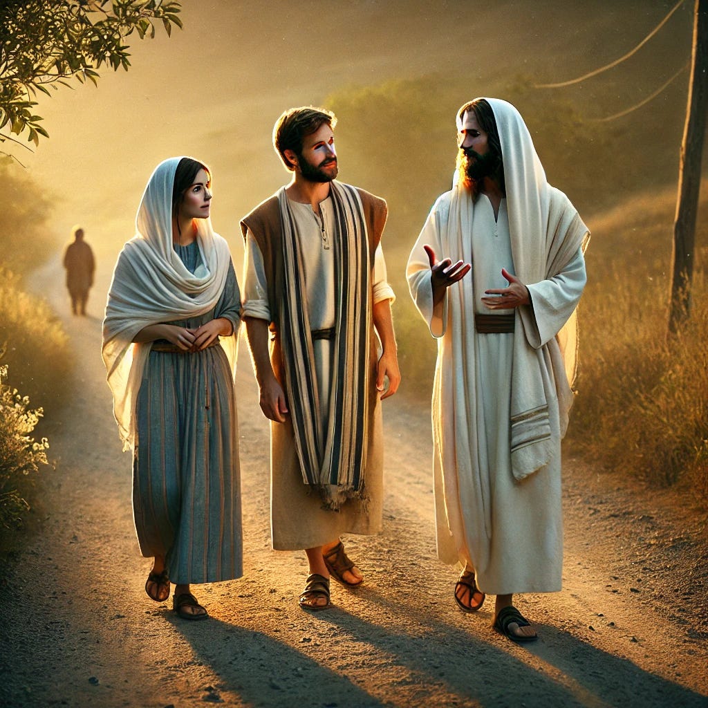 A realistic image depicting Jesus of Nazareth walking on the road to Emmaus with a husband and wife. Jesus is dressed in modest, ancient Jewish clothing, speaking with love and compassion about the Hebrew Scriptures. The man and woman, dressed in simple, modest ancient Jewish garments, are walking close to Jesus, with the man walking directly next to Jesus. Jesus, with gentle gestures, explains the scriptures as they walk together along a dirt road surrounded by simple nature, conveying peace and spiritual connection. The lighting is soft, with a warm glow from the setting sun, symbolizing the transformative nature of their conversation.