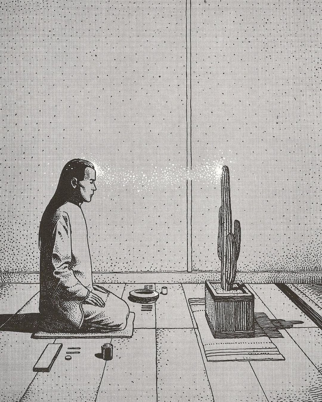 An illustration of a person kneeling on a small mat in front of a cactus. The person’s eyes are closed. There is a trail of light between the person’s forehead and the cactus.