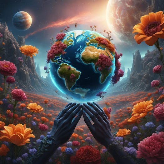 Blue hands hold a flower covered Earth