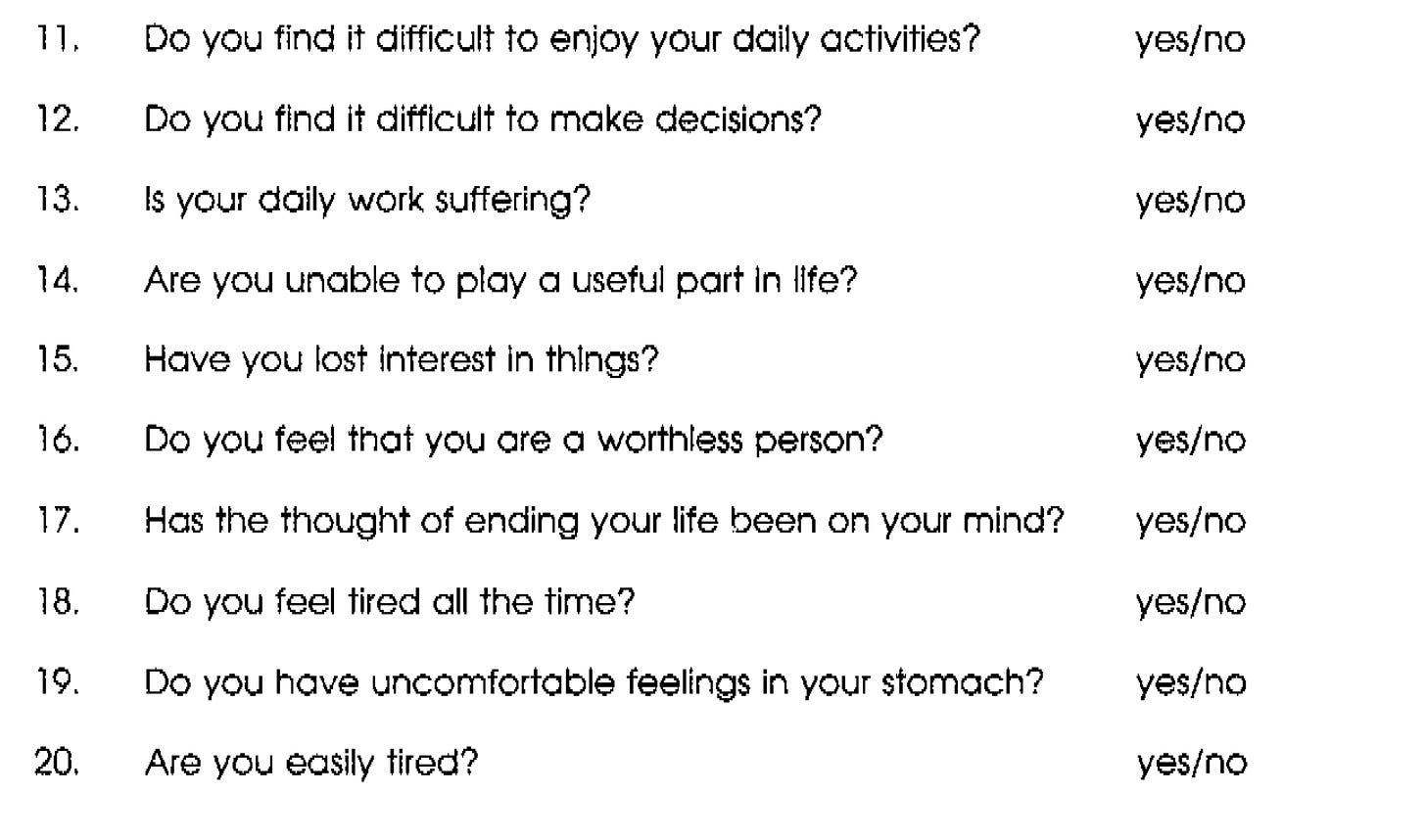 A list of questions from a WHO survey administered by doctors. The questions are all yes/no and they include: Have you lost interest in things? Do you feel tired all the time? Are you easily tired?