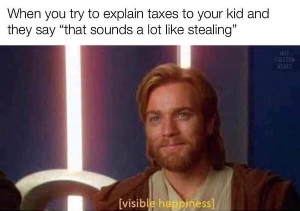May be an image of 1 person and text that says 'When you try to explain taxes to your kid and they say "that sounds a lot like stealing" [visible happiness]'