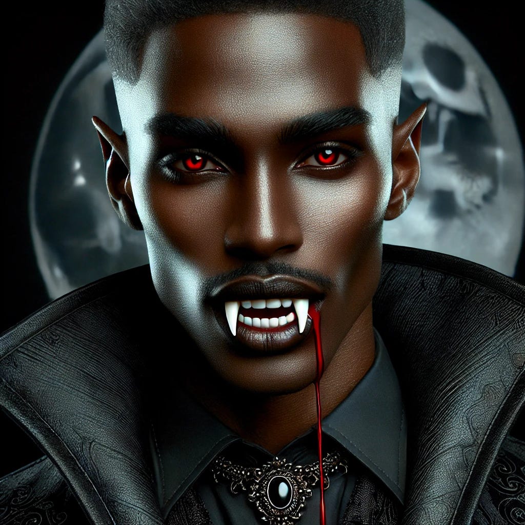 A detailed image of an African American vampire with sharp, gleaming fangs and blood dripping from its mouth. The vampire has smooth dark brown skin, glowing red eyes, and an elegant yet sinister appearance. It is wearing gothic-inspired clothing, including a dark leather outfit with a high-collared cape. The background is a dark, moonlit night with the full moon casting an eerie light. The vampire exudes a mysterious and dangerous aura, with shadows adding to the atmosphere of tension.