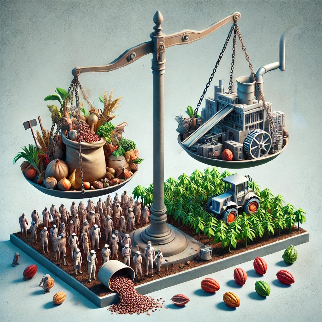 A conceptual image of a weighing balance with two sides. On one side, a large group of smallholder farmers is filling it up with their hard work and effort, represented by crops, tools, and cocoa pods. Beneath this side, a drain is pulling away the fruits of their labor, symbolizing lost potential. This causes their side of the balance to rise. On the opposite side, a corporation using advanced technology is filling its part of the balance with machines and profits, making it heavy and pushing that side down. The overall tone is symbolic and thought-provoking, highlighting exploitation and imbalance.