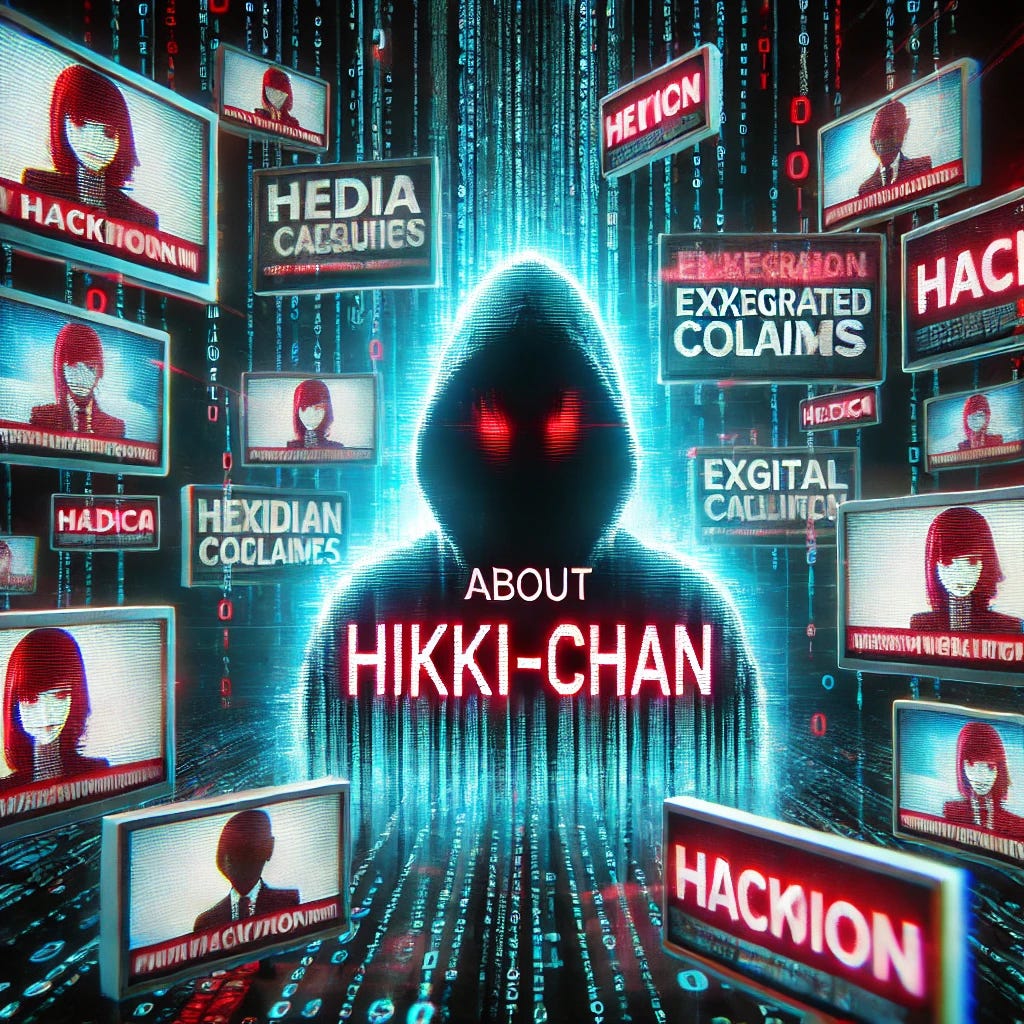 A dramatic, high-definition visual of a hacker's silhouette surrounded by floating media headlines and digital screens, each displaying exaggerated claims about 'Hikki-Chan.' The central figure appears enigmatic, with glowing red and blue glitch effects highlighting the digital manipulation theme. The background is dark and filled with binary code, symbolizing the cyber world.