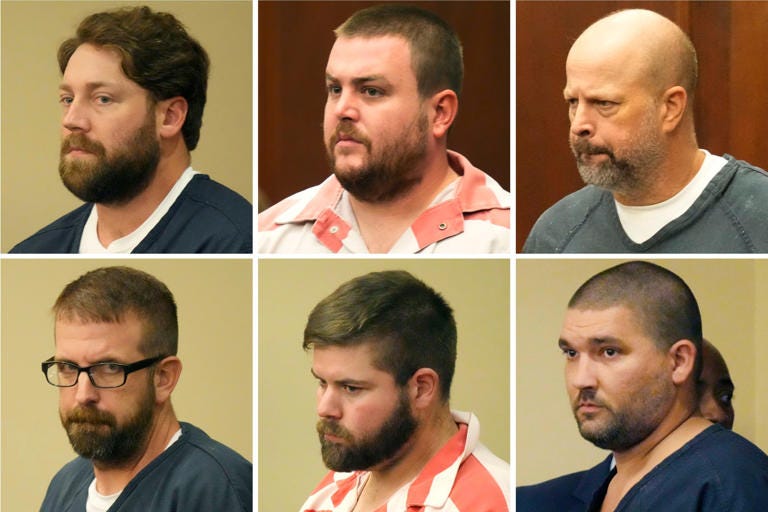 This combination of file photos shows, from top left, former Rankin County sheriff's deputies Hunter Elward, Christian Dedmon, Brett McAlpin, Jeffrey Middleton, Daniel Opdyke and former Richland police officer Joshua Hartfield appearing at the Rankin County Circuit Court in Brandon, Miss., Monday, Aug. 14, 2023. The Mississippi sheriff who leads the department where former deputies pleaded guilty to a long list of state and federal charges for the racist torture of two Black men has asked a federal court to dismiss a civil lawsuit against him, Friday, Oct. 6, 2023.