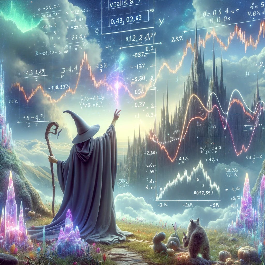 Modify the image of the wizard in a magical land, this time including elements of math and options trading. Add visible charts and graphs, including 'volatility risk premium' charts, subtly integrated into the magical landscape. These financial elements should blend seamlessly with the mystical setting, appearing as part of the wizard's magical tools or inscribed in the environment around him. The overall scene should still feel fantastical and enchanting, with the added touch of financial imagery related to options trading and volatility, presented in a whimsical, mystical style.