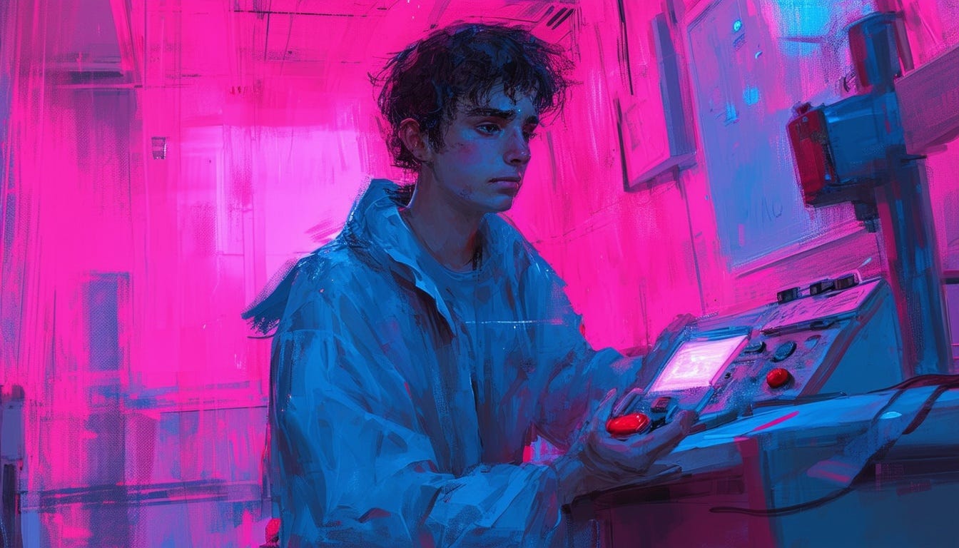 AI-generated digital painting of a bored-looking student in a lab, holding a red button that delivers an electric shock