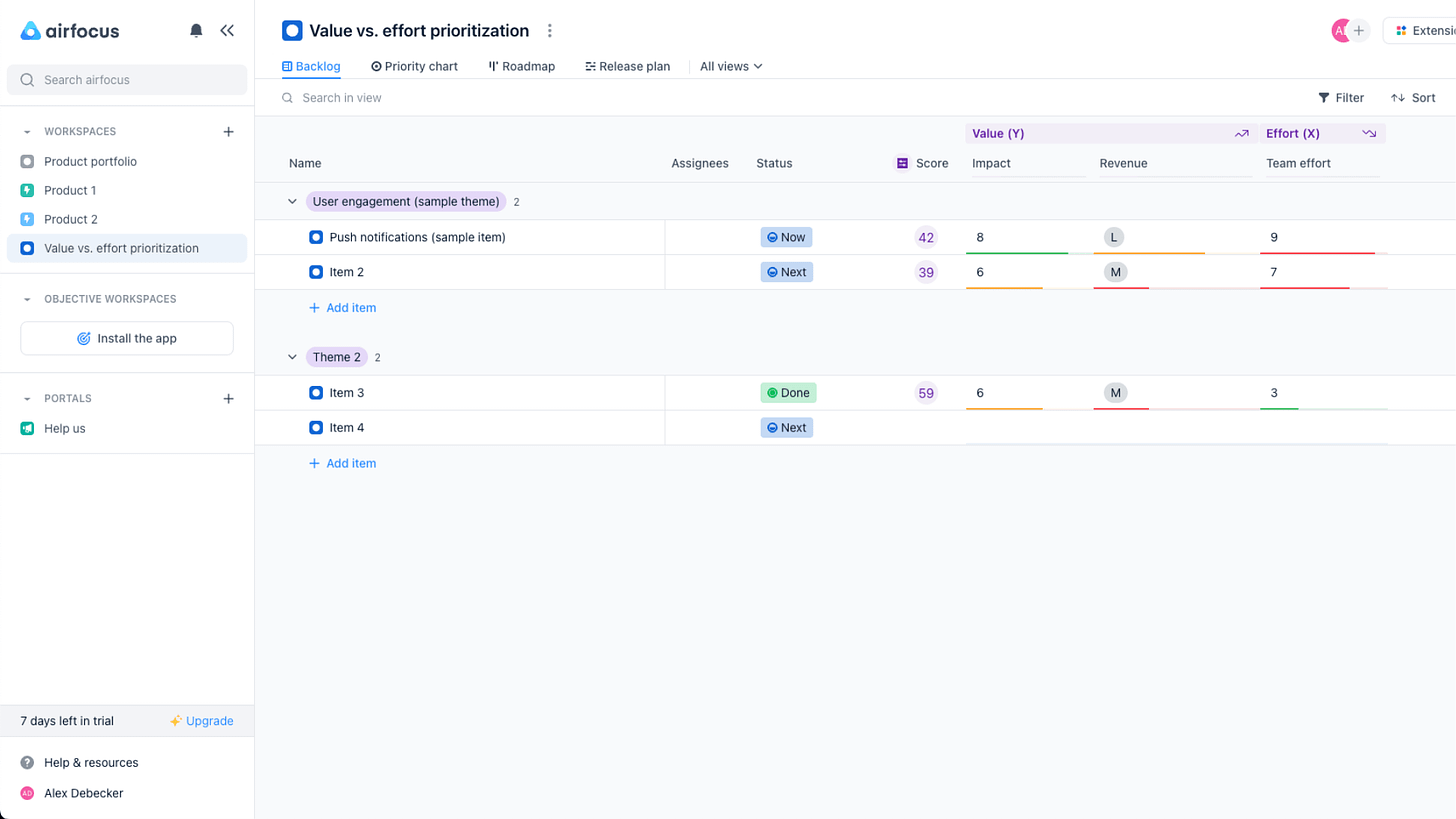 alex debecker airfocus value vs. effort prioritisation workspace