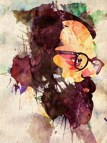 Watercolor painting of Allen Ginsberg wearing glasses. "ginsberg" by alvaro tapia hidalgo is licensed under CC BY-NC-ND 2.0. 