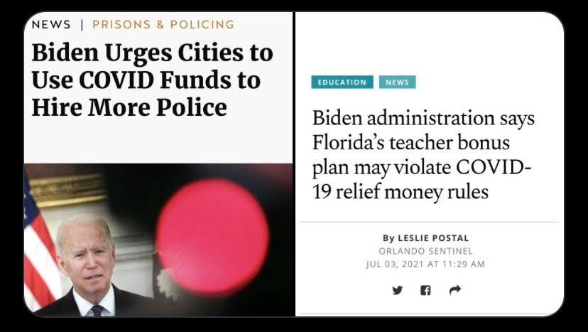 Two headlines: "Biden urges cities to use COVID funds to hire more police" and "Biden says Florida teacher bonus plan may violate COVID relief money rules"