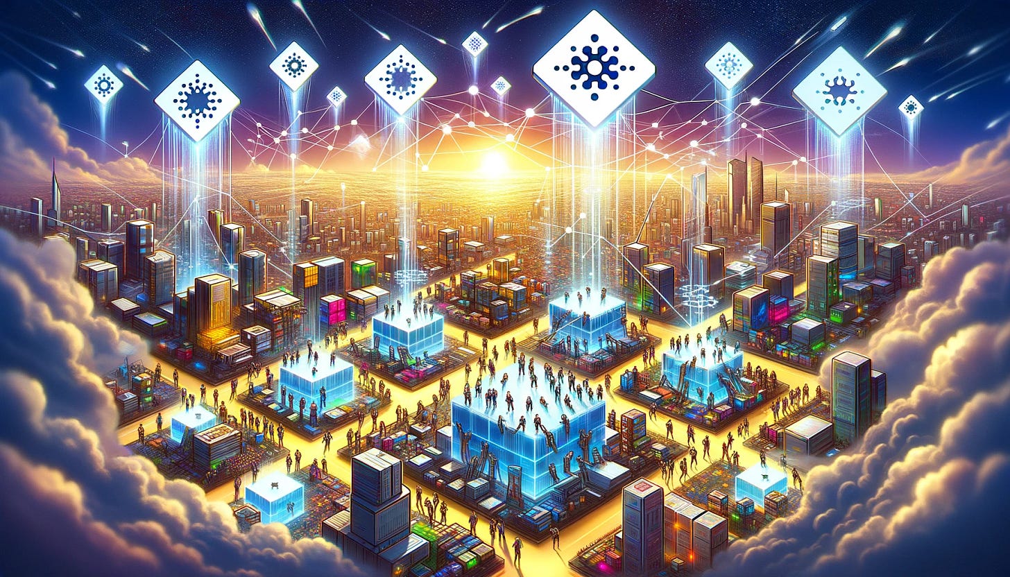 Visualize a concept from the newsletter section titled 'The Fee Effect' focusing on blockchain technology, with a specific request to use only the Cardano logo. The image should depict a bustling digital cityscape, representing the ecosystem of blockchain technology, with a strong emphasis on Cardano. In the foreground, illustrate diverse groups of developers constructing various applications (dApps) on top of large, transparent blocks symbolizing the blockchain's decentralized nature. Each block is etched with the Cardano logo to emphasize its prominence. Above this scene, digital transactions in the form of the Cardano logo fly across the sky, forming a network of interconnected paths that represent the transaction fees and network rewards system. The overall atmosphere should be futuristic, with a vibrant color palette to convey the dynamic and decentralized nature of blockchain protocols, exclusively showcasing Cardano's infrastructure. The cityscape should also subtly incorporate elements that suggest its operation without a central authority, highlighting the decentralized model's contrast to traditional centralized models like the Apple app store. This artistic representation aims to capture the essence of how blockchain technology enables developers to create and users to participate in a digital, decentralized world, facilitated by the native tokens of each blockchain, with a focus on Cardano's ADA.