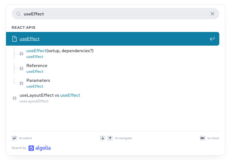New React docs search results for "useEffect"