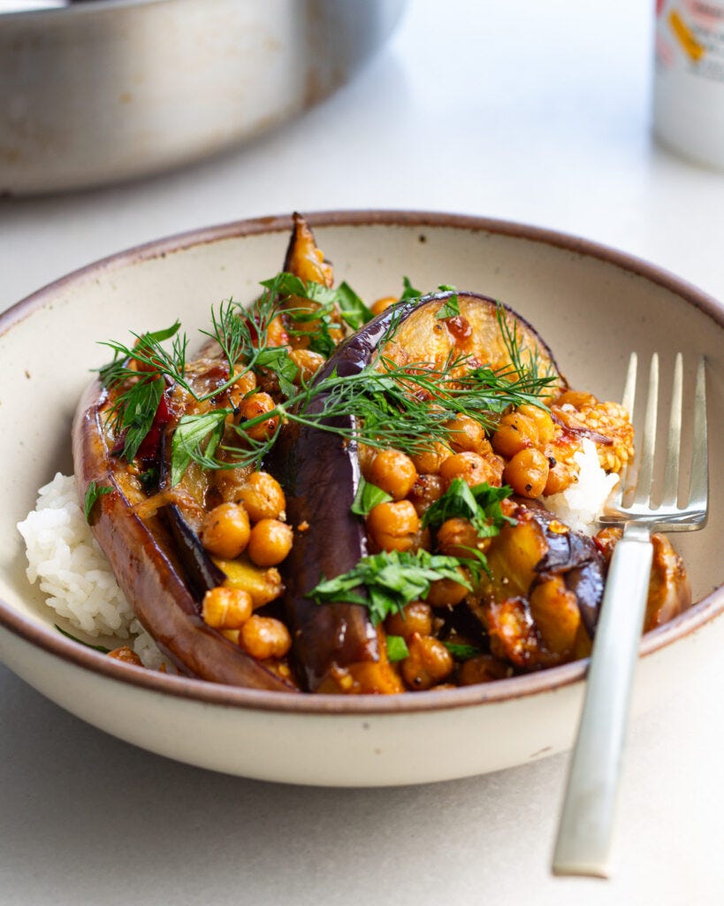 Finished Calabrian Chili Butter Eggplant with Crispy Chickpeas