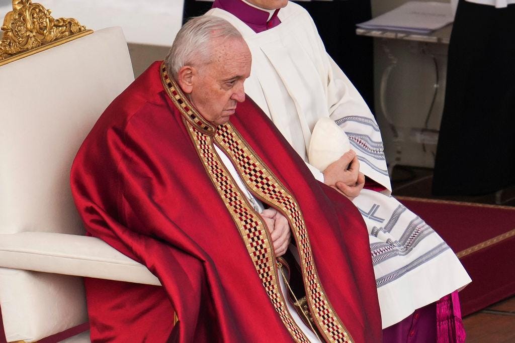  Pope Francis attends the funeral mass for Pope Emeritus Benedict XVI at St. Peter's square in Vatican City, Vatican, on Jan. 5, 2023. (Christopher Furlong/Getty Images)