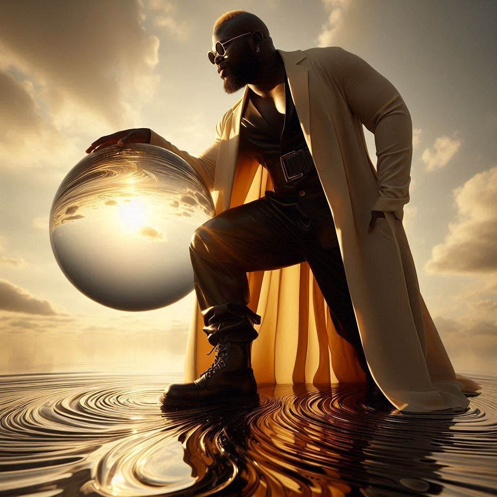 resin sun inside glass; tiltshift /flying at angles/ 8d angled glass embedded /beautiful, heroic, strong handsome, rotund Nigerian man leaning into camera/ velvet blonde, cream, ivory long coat/ black leather boots. water in resin/ ; he is at Monks mound at Cahokia / amber cream,tsunami full of fire/ reverberating waves. black hole in floor/ water in resin verdigris/ In the style of Michael Parkes. black etching/ black linework/ daytime sky/fluffy clouds 
