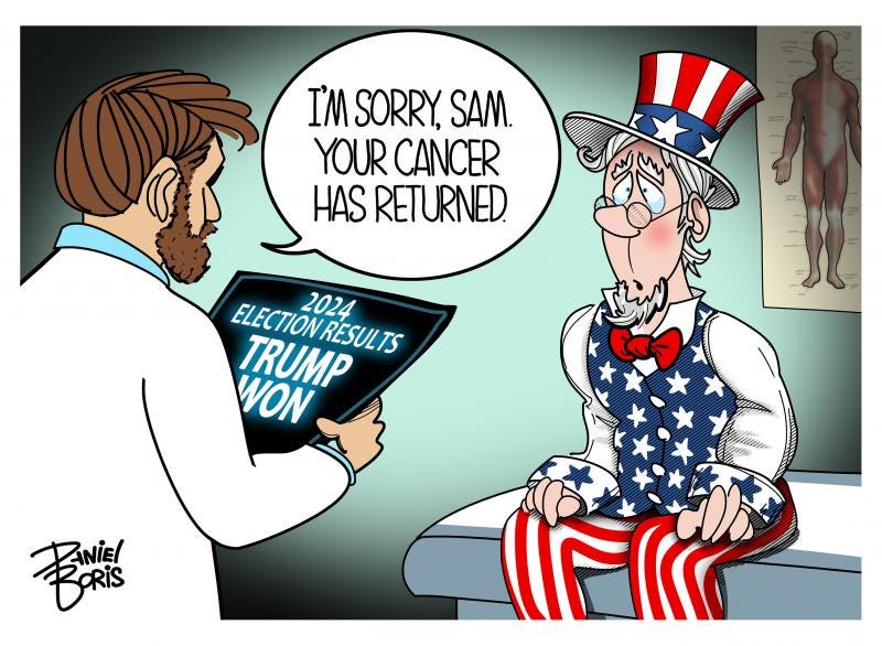 Doctor seen at right holding X-Ray with words, "2024 Election Results. Trump Won." Uncle Sam seen sitting on an exam table, looking at doctor wide eyed, with tears forming. Doctor's word balloon: "I'm sorry, Sam. Your Cancer Has Returned."