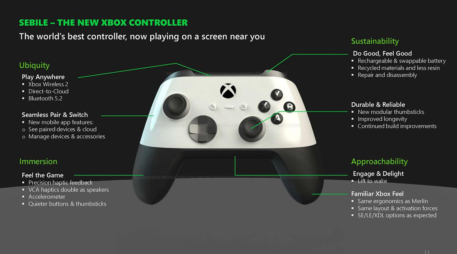 “Sebile” Xbox controller redesign revealed in court documents with wireless upgrades and modular thumbsticks. It’s a gamepad with a two-tone white / black color scheme split across the top and bottom when viewed from above.