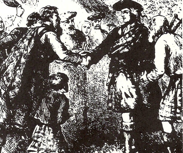 Man carrying tartan plaid blanket on shoulder shaking hands with man in full 19th century Scottish dress