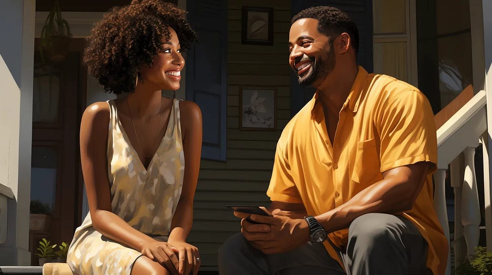 The skinned Black woman with short natural hair stood atop the porch stairs, looking down and laughing with a slightly stocky Black man. It’s a sunny day