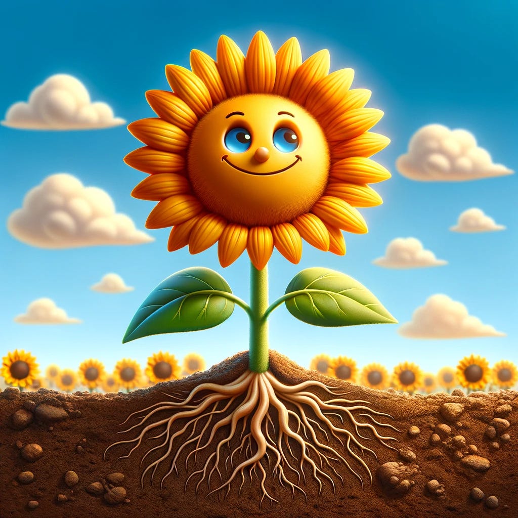 Design an image of a sunflower that strikes a balance between being personified and cartoonish, with a happy, yet slightly nuanced face, growing from the soil with its own strength. This sunflower should symbolize the nurturing of genuine self-esteem in a way that's accessible and appealing to both children and adults. The face on the sunflower should convey a sense of joy and resilience, but with more subtlety than a purely cartoonish depiction. Its roots in the fertile soil represent growth and a connection to the earth, amidst a backdrop that suggests a bright and optimistic environment.