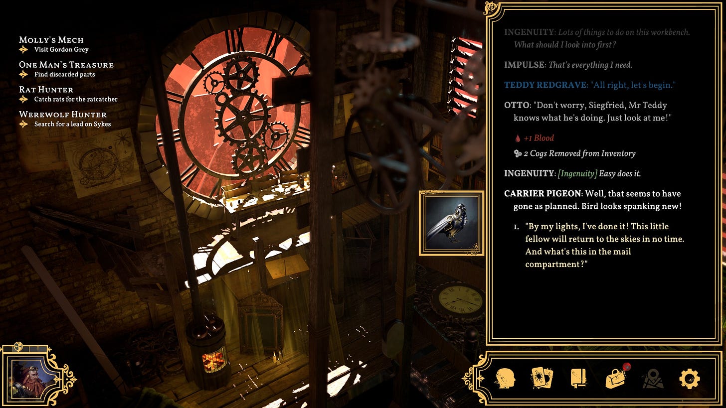 A screenshot of the game Sovereign Syndicate, showing the interior of a clock tower, where Teddy Redgrave is fixing a carrier pigeon automaton.