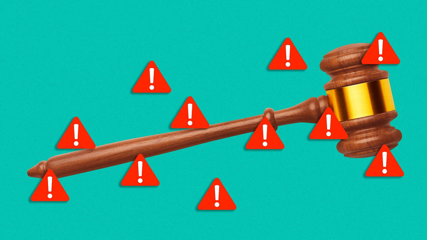 Illustration of a gavel surrounded by warning pop ups with exclamation marks. 