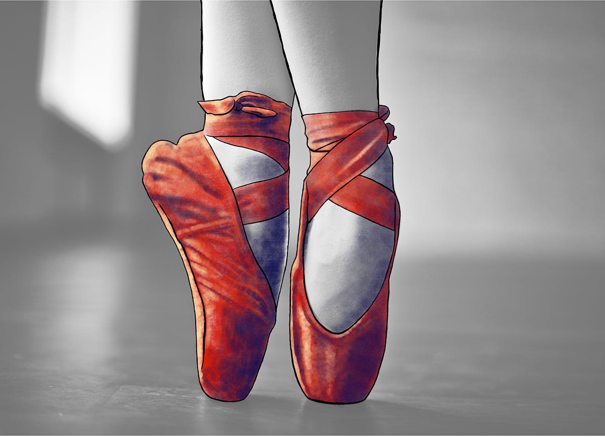 Black and white photo of a close up view of a pair of ballet slippers on point. The shoes have been digitally coloured in a painterly style as bright red with purple shadows and yellow highlights.