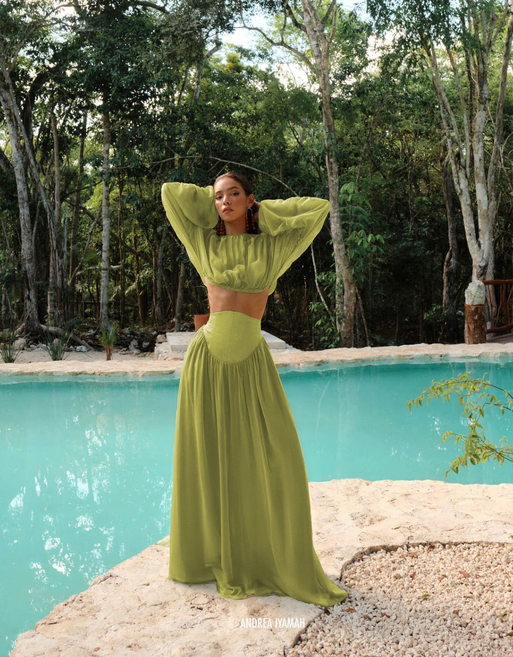Image of the green Pado crop top and skirt set by Andrea Iyamah