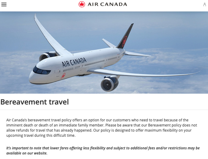 Air Canada bereavement fair policy