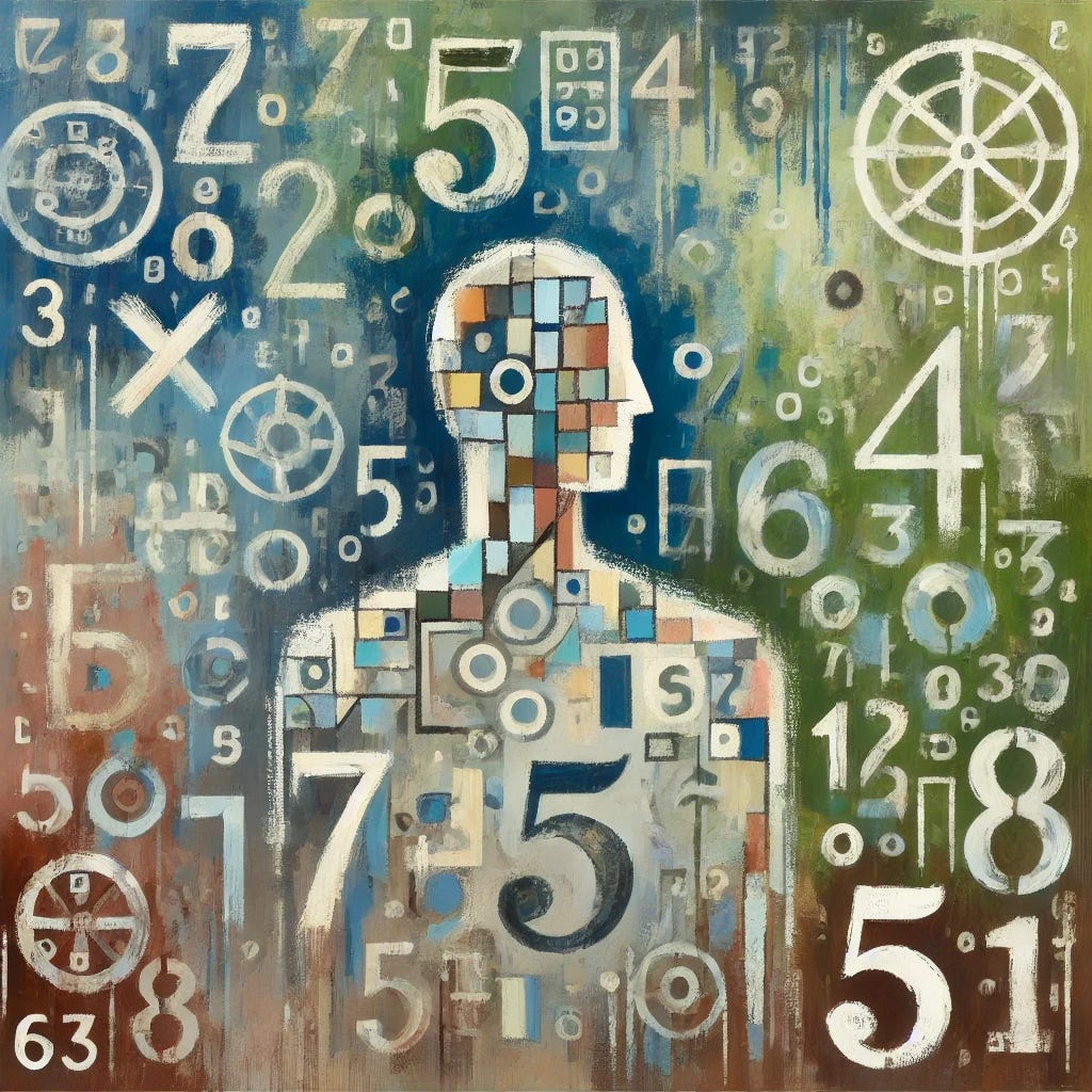 An abstract painting representing a decline in adult literacy and numeracy skills. A central abstract figure, symbolizing a person, is fragmented and surrounded by jumbled letters, numbers, and symbols, fading into a chaotic background. The background uses shades of green, blue, and brown, suggesting natural harmony disrupted by confusion. Brushstrokes are lively, with visible texture, adding a playful yet disjointed atmosphere. The composition is balanced but conveys a sense of decline and disconnect, with simplified shapes and a flat, decorative style.