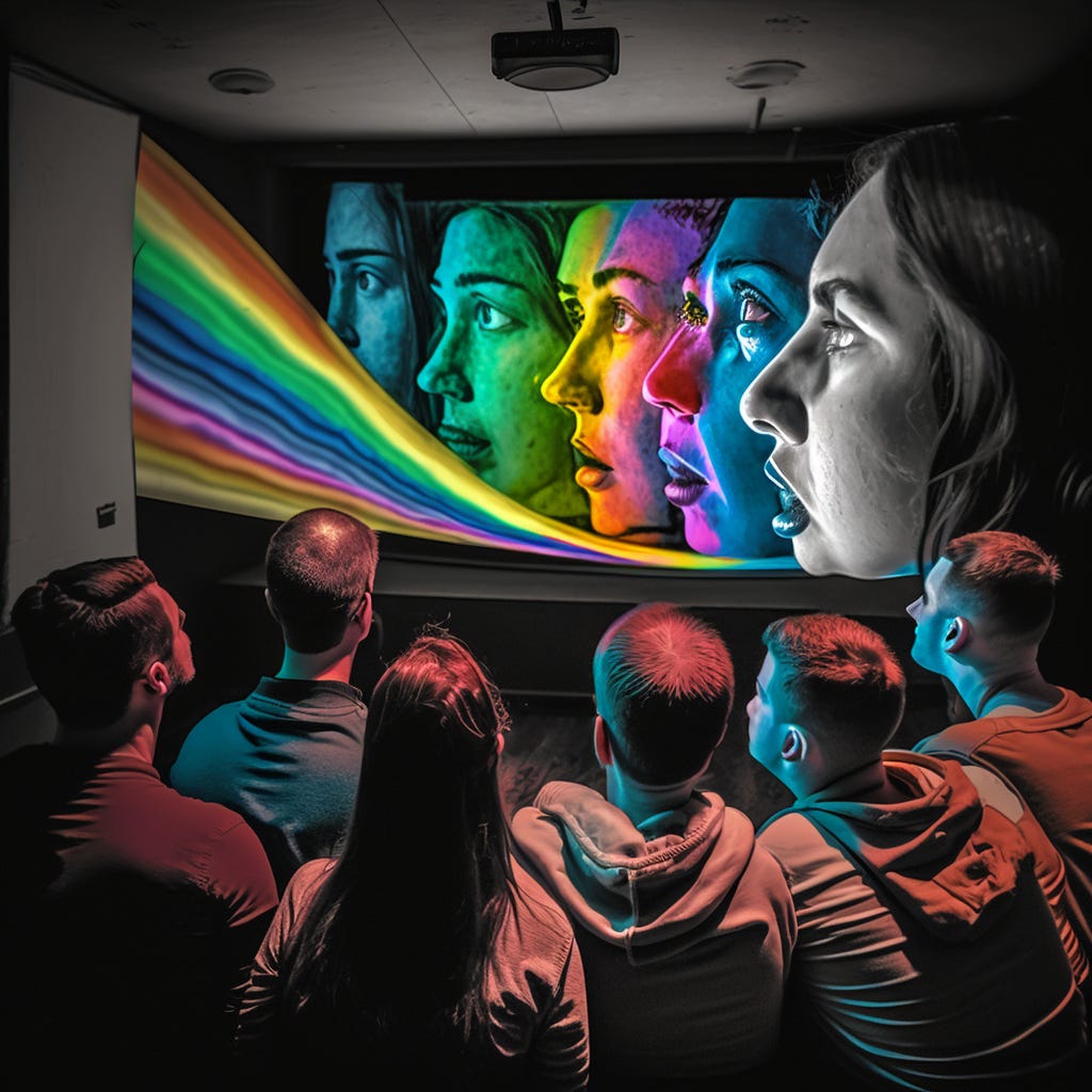 An image of people watching a projector screen. On the screen is their own faces staring back at them.