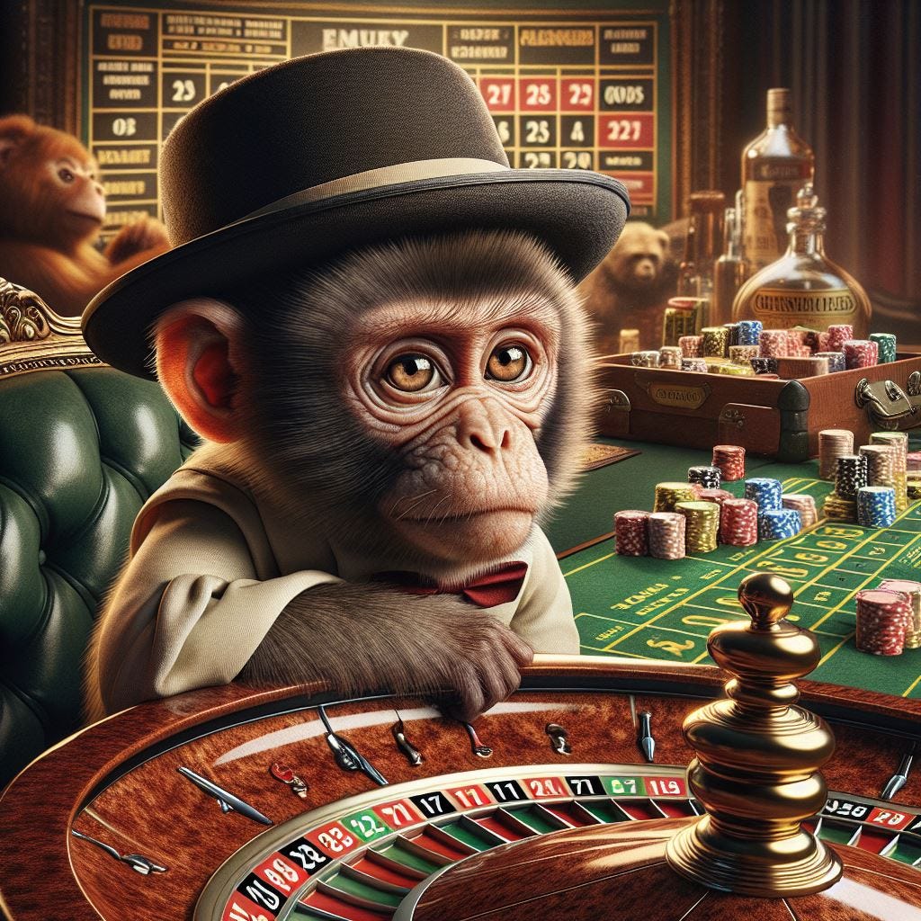 A neotenic chimpanzee in a fedora, shirt, vest, bowtie, sitting at a roulette wheel. In the background, some bears in a casino. Too many chips lying everywhere. The numbers on the roulette wheel are nonsense.