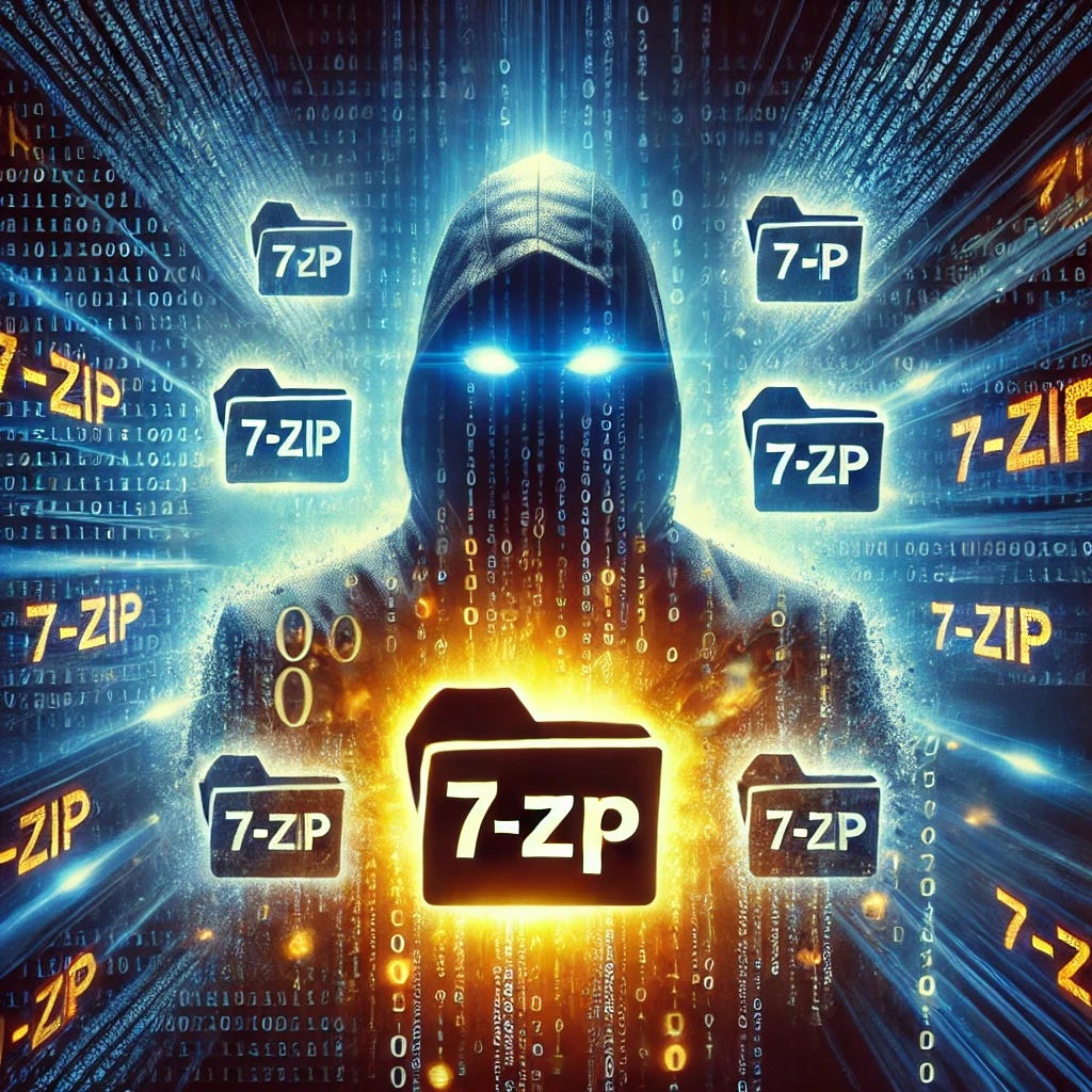 A visually captivating image of a glowing Pastebin logo with 7-Zip icons dissolving into binary code. The background features a shadowy hacker figure and a digital warning symbol, representing the exploit leak and cybersecurity concerns.