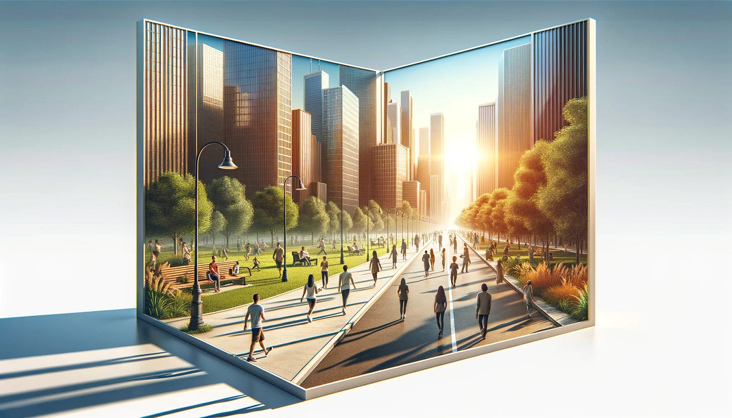 A modern and realistic widescreen graphic for a blog post about life lessons. The image portrays an everyday urban park scene with a clear walking path, symbolizing the journey of life. The park is filled with diverse people of various ages, engaged in different activities like jogging, reading, or having conversations, representing different stages and aspects of life. In the background, there's a city skyline with contemporary buildings, suggesting a connection between personal growth and the wider world. The scene is set in the late afternoon with a golden sun casting long shadows, creating a warm and inviting atmosphere.