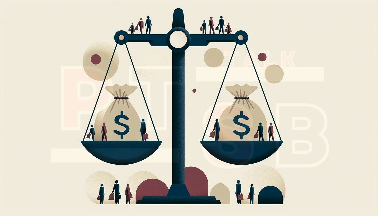 A balanced scale shows money split evenly, surrounded by small people figures. It highlights fairness in wealth, finance, and ethics within a shared economic system.