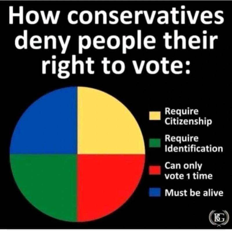 May be an image of text that says 'How conservatives deny people their right to vote: Require Citizenship Require Identification Can only vote 1 time Must be alive R'