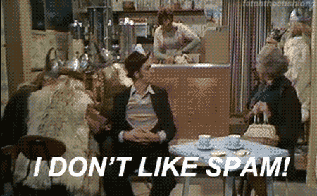 Giph: Lady saying 'I don't like Spam' to her three tablemates.