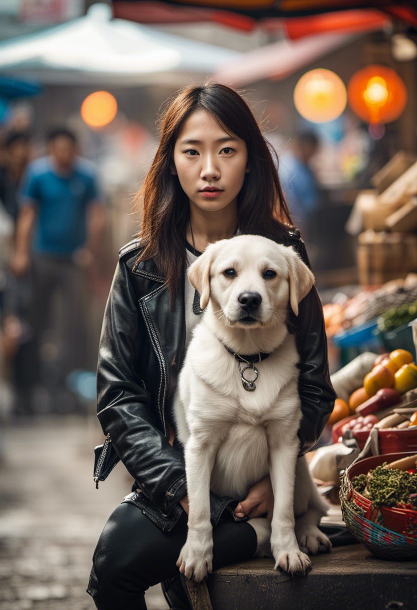 Teenage Korean girl wearing leather jacket with a white labrador on her lap, sitting on a table in a street market