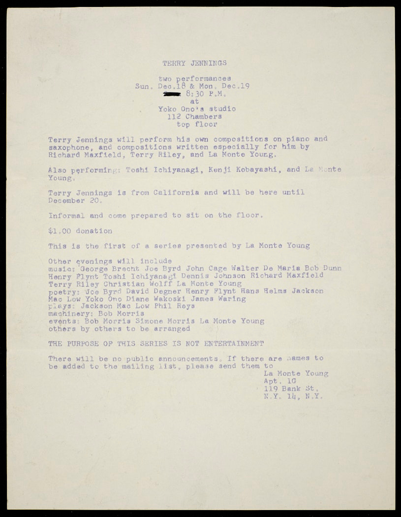 Program for "Terry Jennings" from Chambers Street Loft Series, Yoko Ono's Loft, New York
