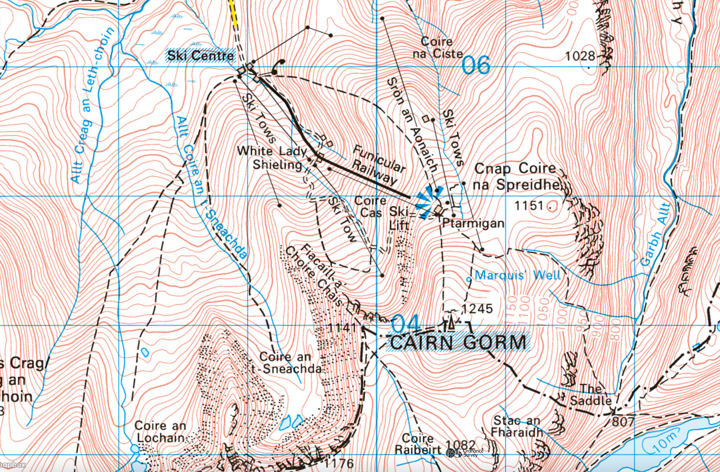 Segment of a digital OS map showing the topography of the Cairn Gorm summit region. We headed into and on the Fiacaill a’ Choire-Chais on day one.